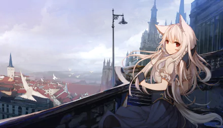 HD anime wallpaper featuring an original character with long white hair and cat ears, set against a scenic cityscape with birds flying near gothic structures.