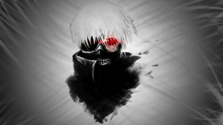 Anime HD PC desktop wallpaper featuring Kaneki from Tokyo Ghoul with white hair, a black mask, and a glowing red eye against a dark, smoky background.