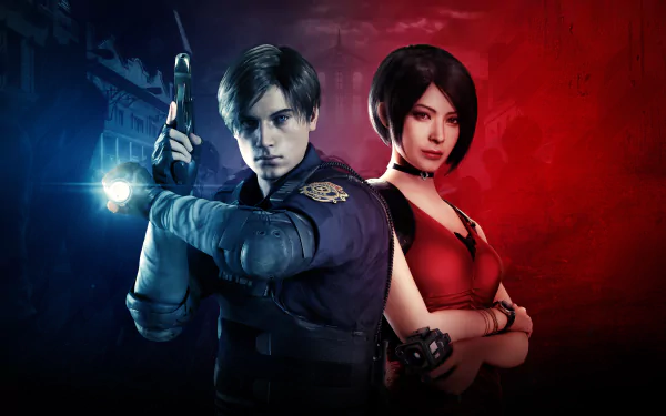 HD desktop wallpaper of Leon S. Kennedy and Ada Wong from Resident Evil 2 (2019), featuring dynamic poses against a red and blue background.