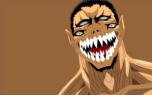 8K Ultra HD minimalist vector anime wallpaper of Gotou (Parasyte -the maxim-): close-up face with multiple eyes and a wide, jagged, toothy smile on a brown background.
