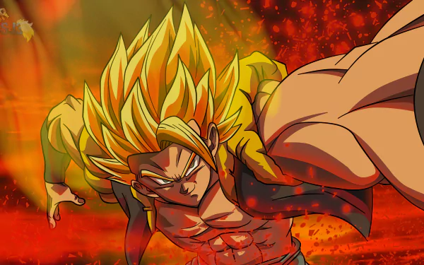 Vibrant 4K Ultra HD wallpaper featuring Super Saiyan Gogeta from Dragon Ball Super in dynamic action pose with fiery background.
