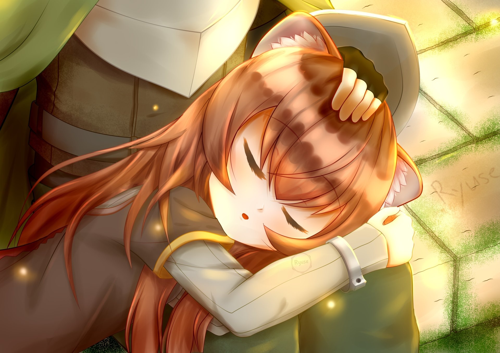 HD desktop wallpaper featuring Raphtalia from The Rising of the Shield Hero, resting peacefully while being petted by Naofumi Iwatani, with warm and soothing colors.