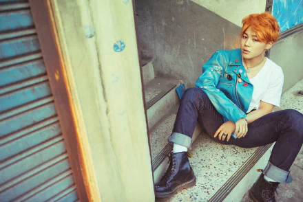 HD desktop wallpaper featuring Jimin from BTS, a popular K-pop artist, sitting on stairs with vibrant orange hair and stylish casual wear in a Korean music-inspired setting.