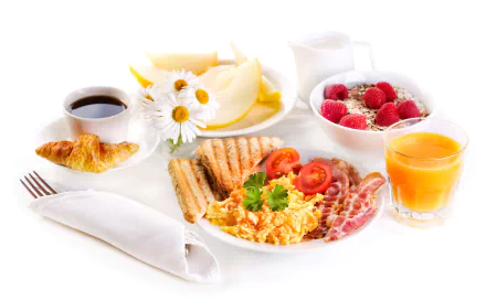 napkin croissant bacon toast daisy flower fruit glass cup juice coffee still life food breakfast HD Desktop Wallpaper | Background Image