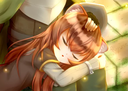 HD desktop wallpaper featuring Raphtalia from The Rising of the Shield Hero, resting peacefully while being petted by Naofumi Iwatani, with warm and soothing colors.