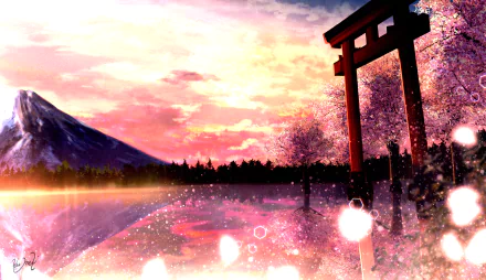 Anime-style 4K Ultra HD wallpaper depicting a serene mountain scene with cherry blossoms and a traditional shrine gate at sunset.