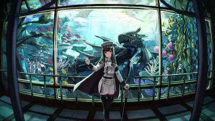 Anime-inspired HD wallpaper featuring a character with orange eyes and long black hair, wielding a sword, set against a vibrant underwater scene with a dragon and fish.