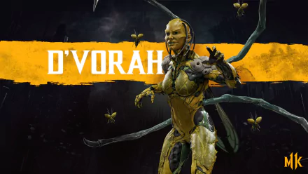 HD PC desktop wallpaper of D'Vorah (Mortal Kombat) from the video game Mortal Kombat 11: insectoid warrior in yellow armor with extra limbs and swarming insects on a black-and-yellow background.