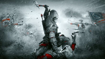 Connor from Assassin's Creed III in selective color action scene, capturing intense combat with muted tones and red accents, designed as a 4K Ultra HD PC desktop wallpaper.