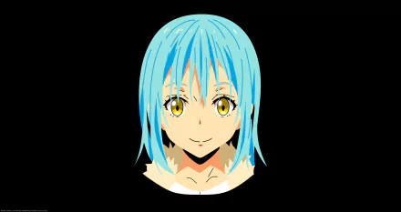Minimalist smiling face of Rimuru Tempest from That Time I Got Reincarnated as a Slime — blue hair and golden eyes on a black background; 8K Ultra HD minimalist anime PC wallpaper.