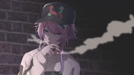 Anime-style character from Hypnosis Mic with pink hair, blue eyes, and a cap, smoking against a dark brick wall background in HD.