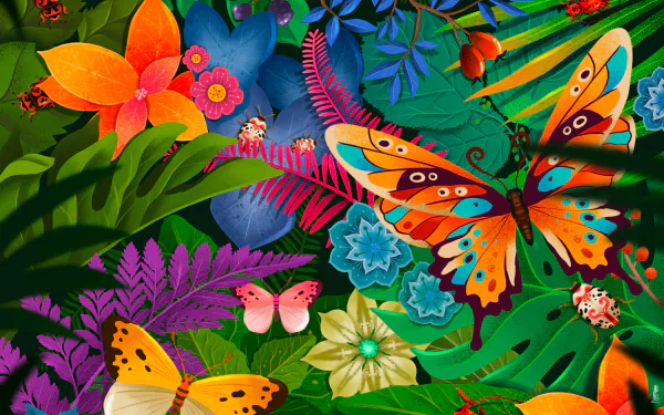 Vibrant artistic rainforest scene in 4K Ultra HD: colorful butterflies and insects among lush leaves, tropical flowers and fruits, designed as a PC desktop wallpaper.
