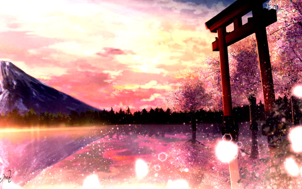 Anime-style 4K Ultra HD wallpaper depicting a serene mountain scene with cherry blossoms and a traditional shrine gate at sunset.