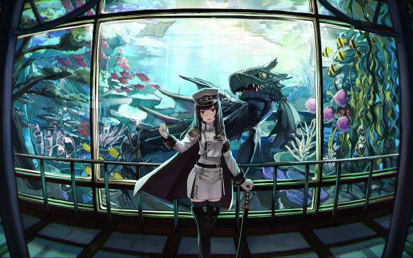 Anime-inspired HD wallpaper featuring a character with orange eyes and long black hair, wielding a sword, set against a vibrant underwater scene with a dragon and fish.