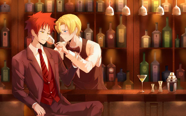 Sōma Yukihira and Takumi Aldini (Food Wars: Shokugeki no Soma) share a playful drink at a warmly lit bar — anime 4K Ultra HD PC desktop wallpaper.