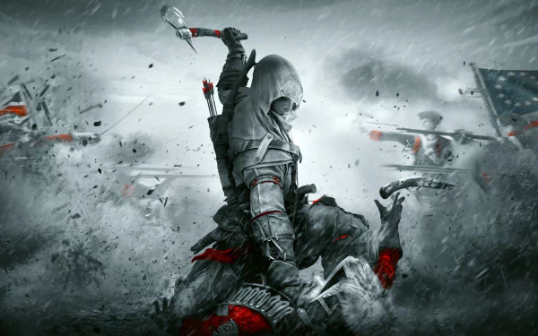Connor from Assassin's Creed III in selective color action scene, capturing intense combat with muted tones and red accents, designed as a 4K Ultra HD PC desktop wallpaper.