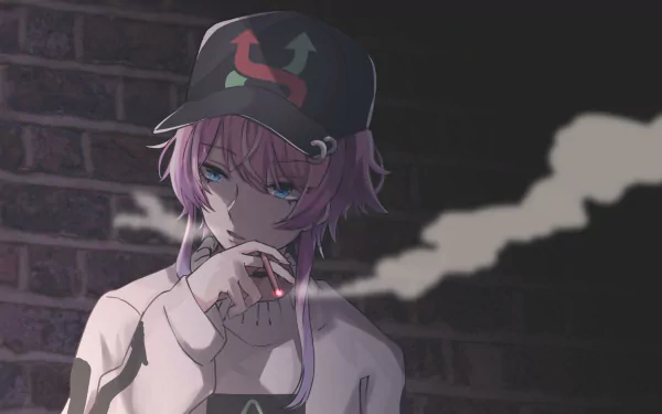 Anime-style character from Hypnosis Mic with pink hair, blue eyes, and a cap, smoking against a dark brick wall background in HD.