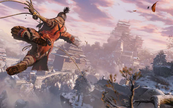 HD desktop wallpaper featuring a dynamic scene from the video game Sekiro: Shadows Die Twice, showcasing a character leaping through a snowy, temple-filled landscape under a pink-hued sky.
