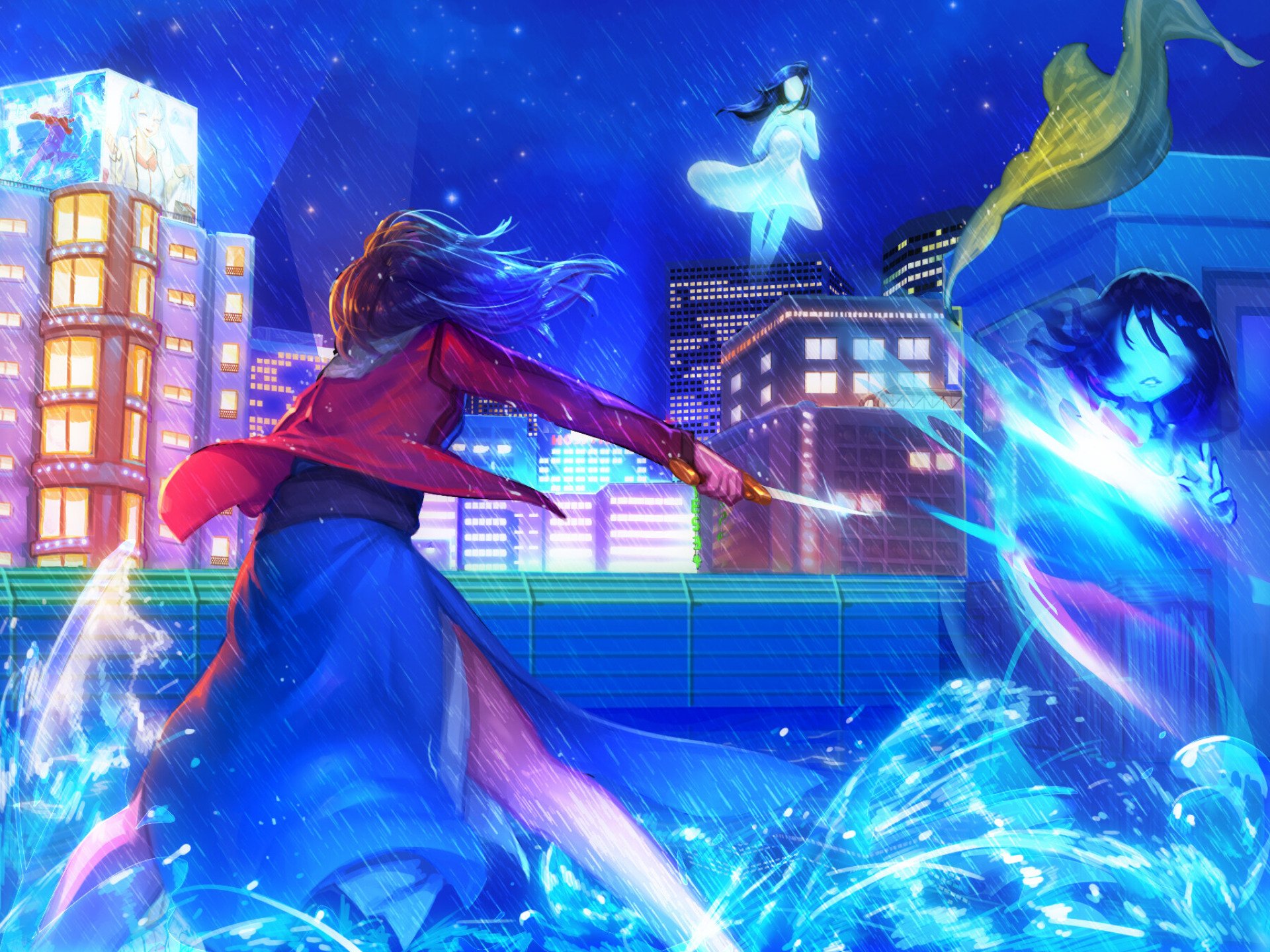 HD anime wallpaper featuring Shiki Ryougi from The Garden of Sinners with short hair wielding a knife against ghostly figures in a vibrant urban night scene.