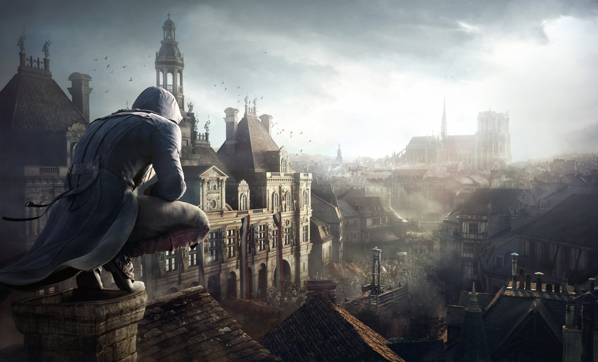 4K Ultra HD PC desktop wallpaper featuring a hooded assassin overlooking a historic cityscape from Assassin's Creed: Unity video game.