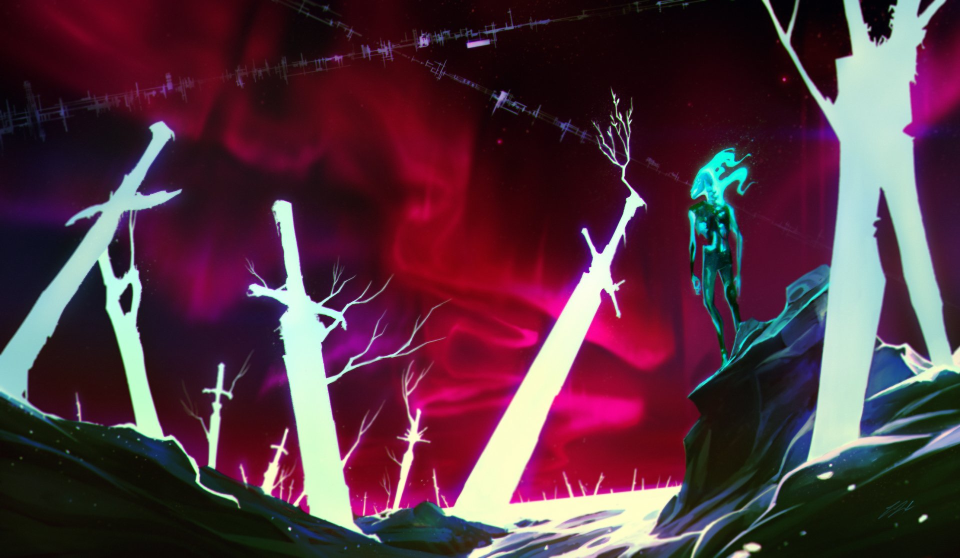 A dark, eerie landscape with glowing swords embedded in the ground and a shadowy creature standing on a hill, rendered in vibrant colors for an HD PC desktop wallpaper.