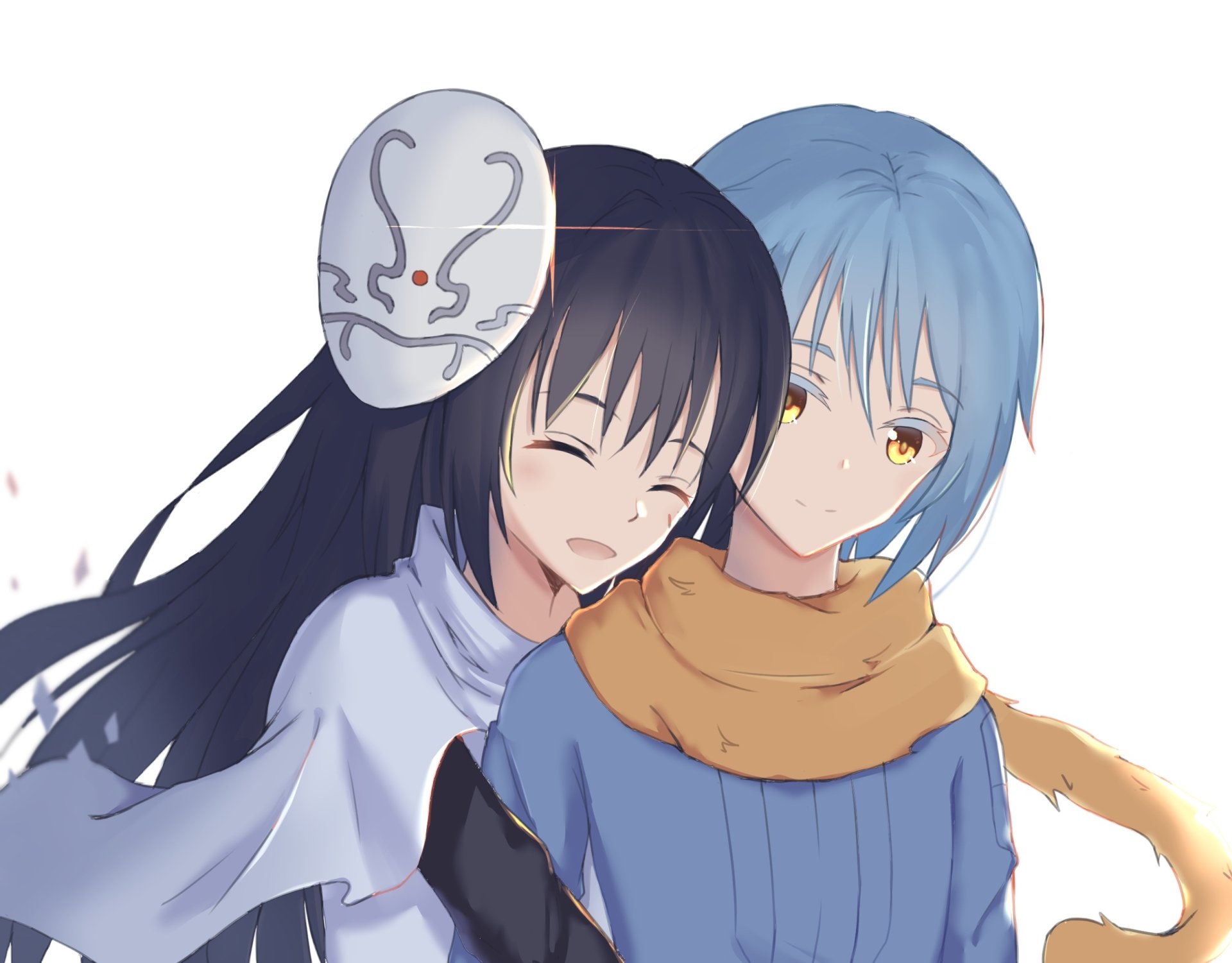 HD anime desktop wallpaper featuring Rimuru Tempest and Shizue Izawa from That Time I Got Reincarnated as a Slime, showcasing their close bond with a soft, detailed style.