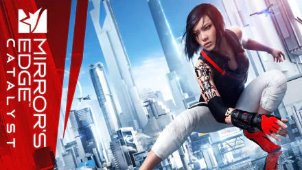 HD desktop wallpaper featuring Faith Connors from the video game Mirror's Edge Catalyst. Faith is in an action pose against a futuristic cityscape background. The game's logo is on the left side.