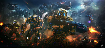 HD PC desktop wallpaper featuring futuristic Sci-Fi soldiers armed with guns engaged in an intense battle amidst a fiery, smoky battlefield.