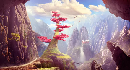 A fantasy landscape featuring a towering tree with vibrant red leaves, cascading waterfall, and rugged mountains, captured in HD as a desktop wallpaper and background.