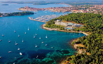 Aerial view of Rovinj featuring boats anchored in clear blue waters near a lush green coastline with a cityscape in the background, captured in HD for a desktop wallpaper.