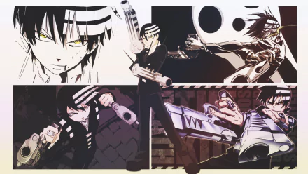 HD anime desktop wallpaper featuring Death the Kid from Soul Eater in dynamic poses with his signature twin pistols and symmetrical black-and-white hair.