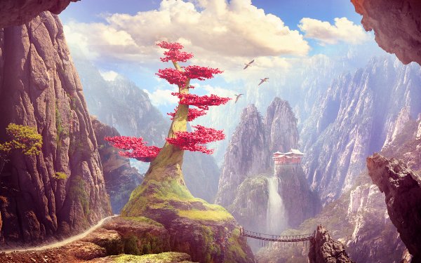 Fantasy Landscape Tree Waterfall Mountain HD Wallpaper | Background Image