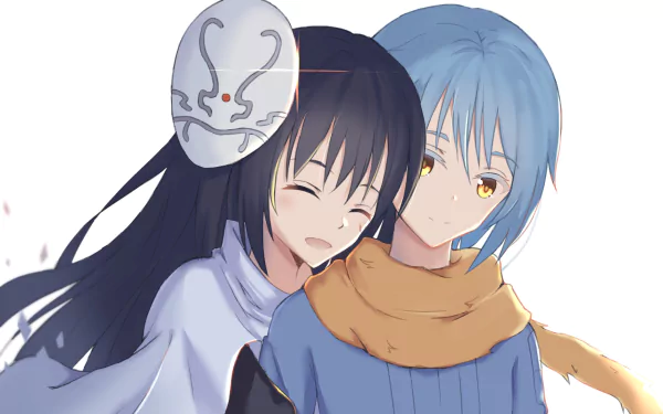 HD anime desktop wallpaper featuring Rimuru Tempest and Shizue Izawa from That Time I Got Reincarnated as a Slime, showcasing their close bond with a soft, detailed style.
