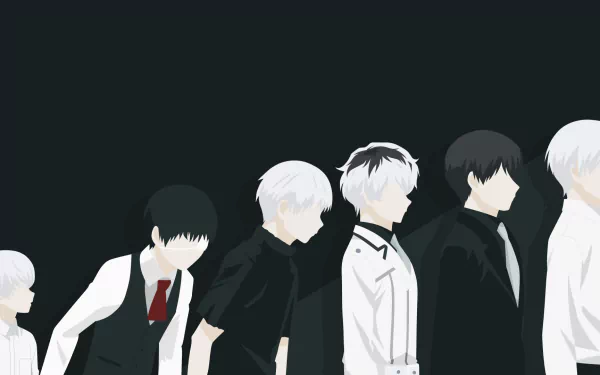 Minimalist HD anime wallpaper featuring Tokyo Ghoul characters Haise Sasaki and Ken Kaneki with short black and white hair, styled in ties, from Tokyo Ghoul √A and Tokyo Ghoul:re.