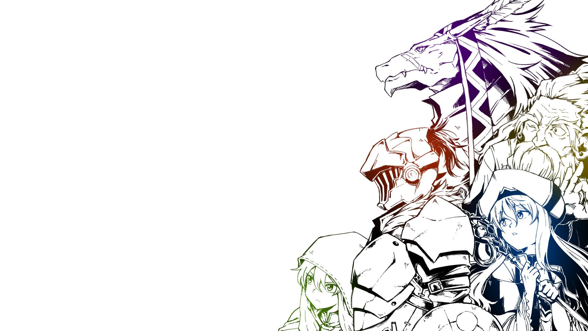 HD desktop wallpaper featuring Dwarf Shaman, Lizard Priest, Priestess, High Elf Archer, and Goblin Slayer from the anime Goblin Slayer, arranged vertically on a white background with detailed outlines.
