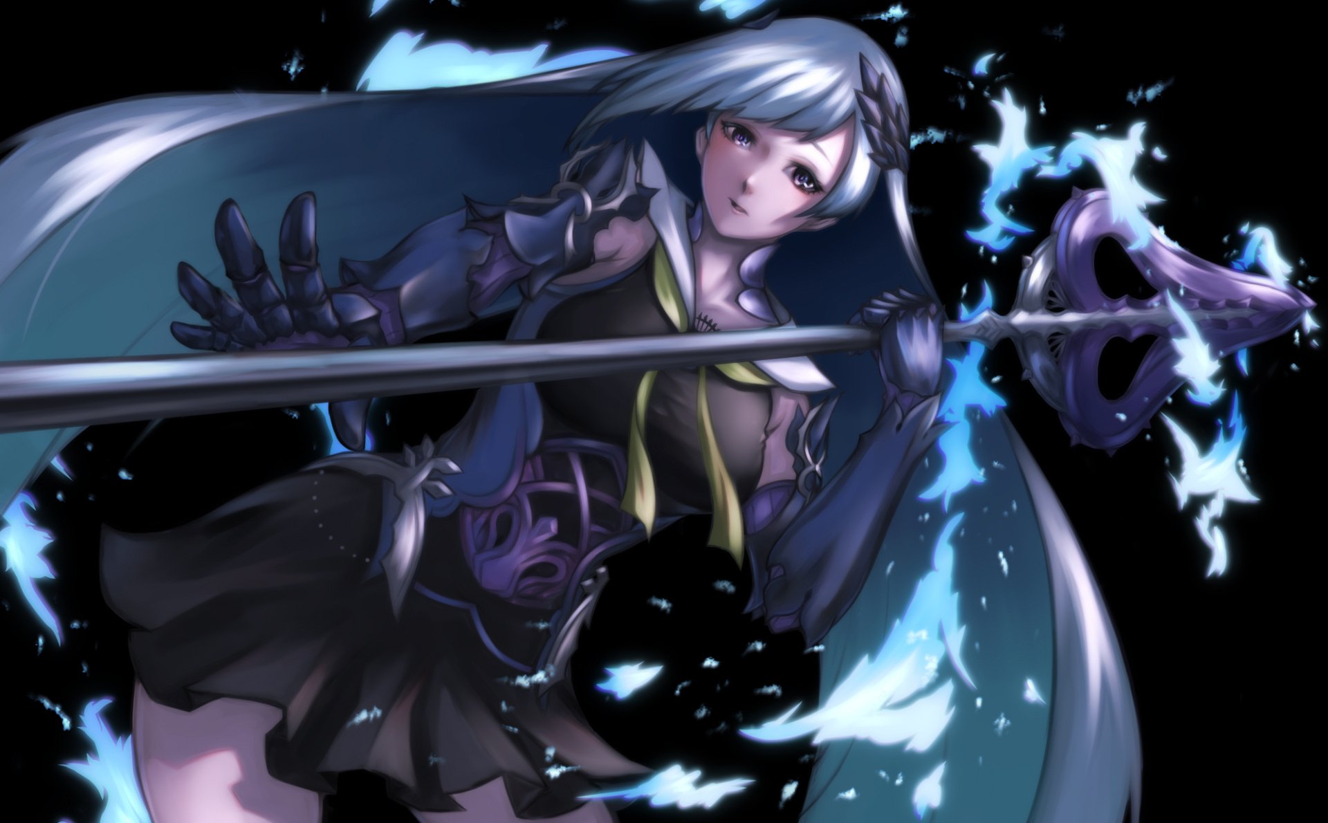 HD PC desktop wallpaper featuring Brynhildr from Fate/Grand Order in dynamic anime style, wielding a glowing spear with dark and blue energy effects.
