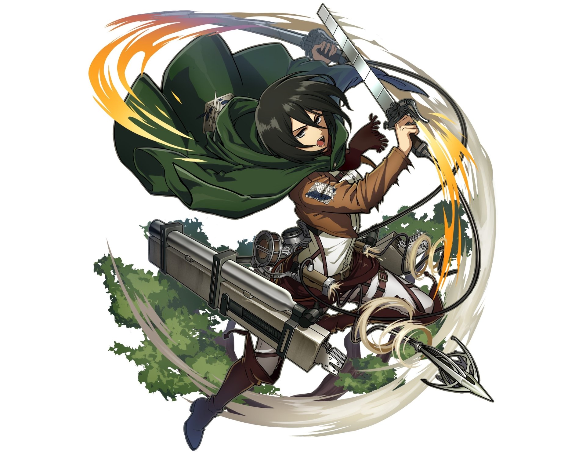 HD PC desktop wallpaper featuring Mikasa Ackerman from the anime Attack on Titan in dynamic action pose with maneuver gear and flowing green cloak.