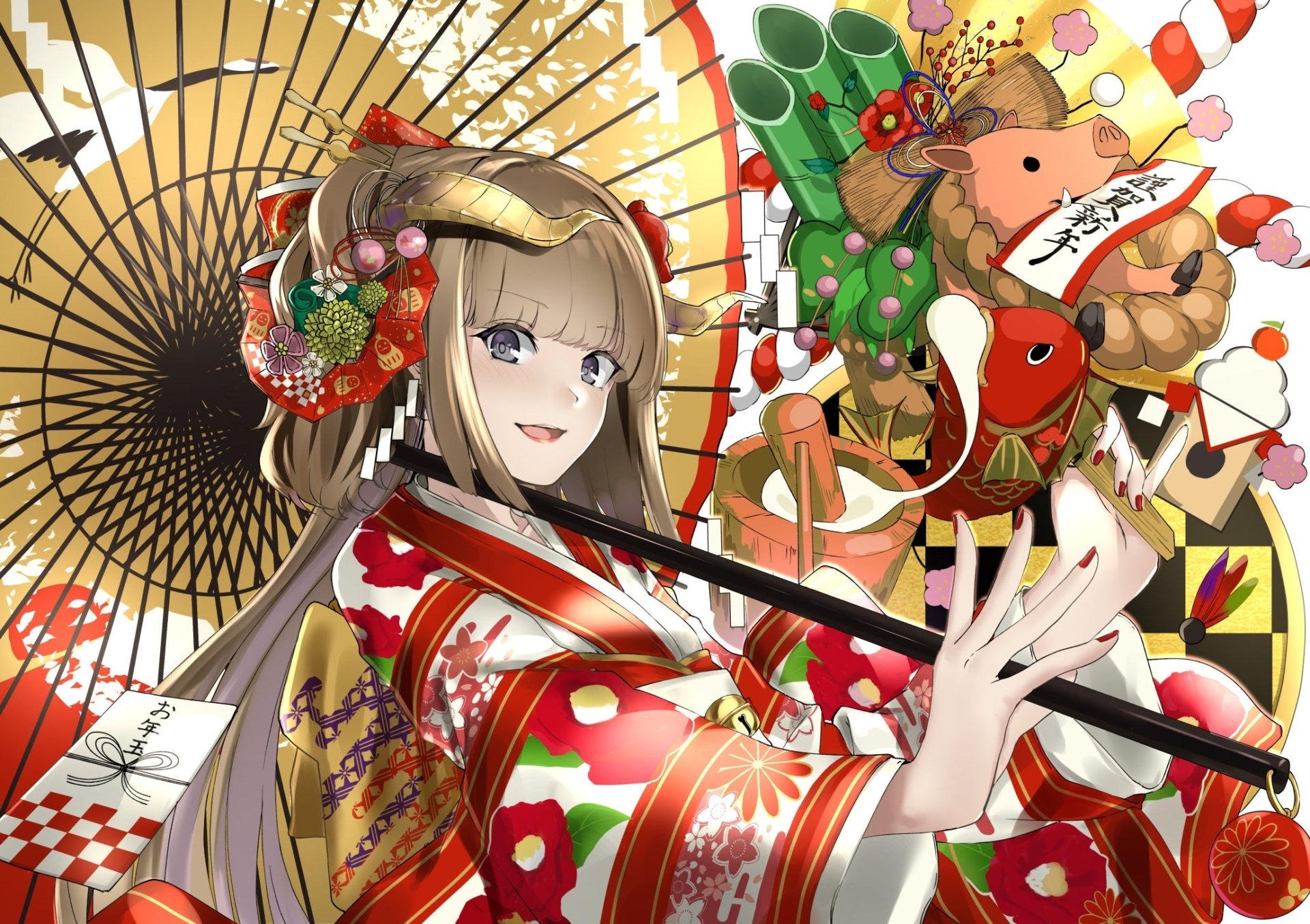HD anime original artwork of a smiling girl in a vibrant traditional kimono holding a decorative umbrella, set against a detailed festive background, designed as a PC desktop wallpaper.