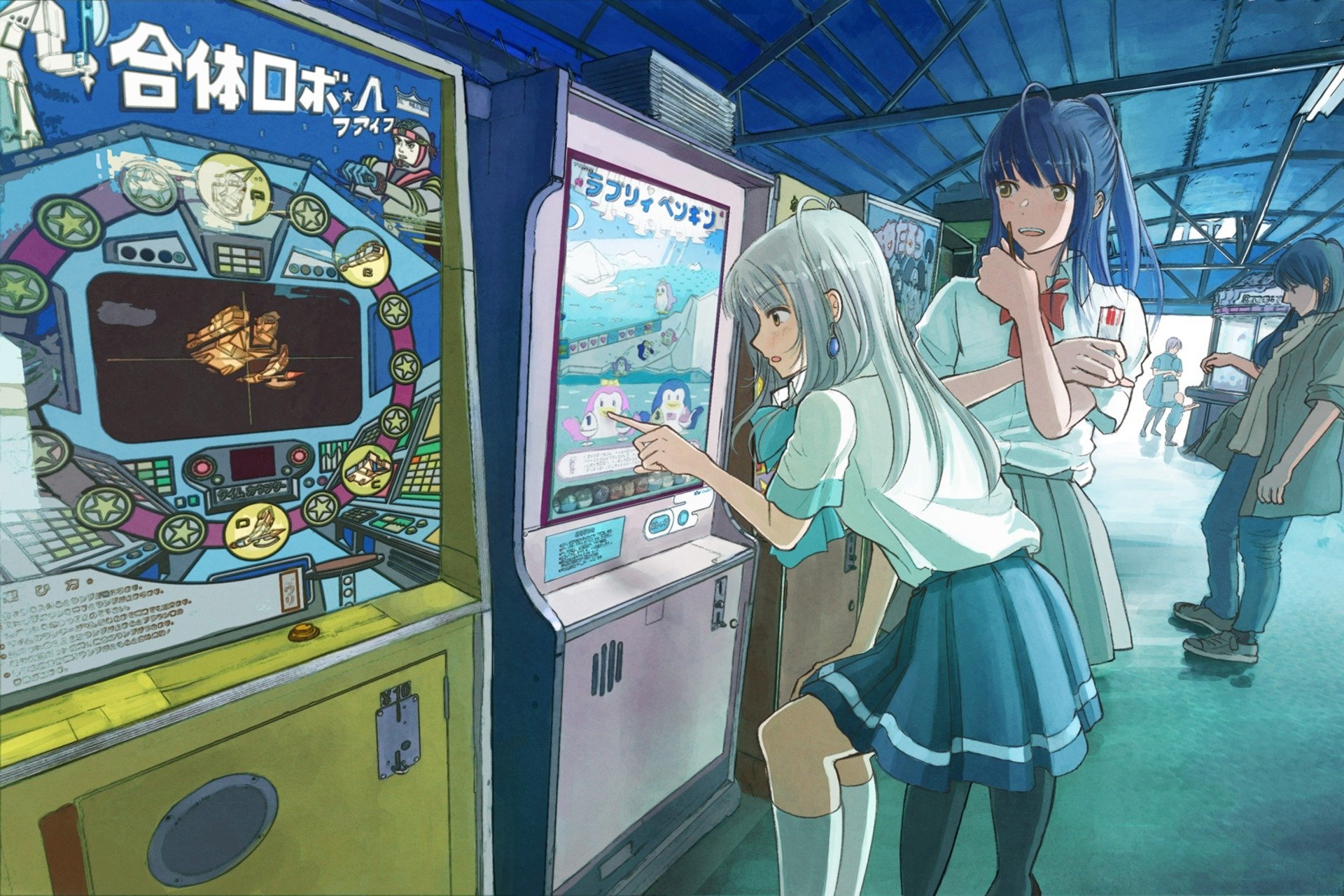 HD PC desktop wallpaper from the anime Iroduku: The World in Colors featuring Kohaku and Hitomi Tsukishiro at arcade machines beneath a blue canopy, soft pastel lighting and nostalgic mood.