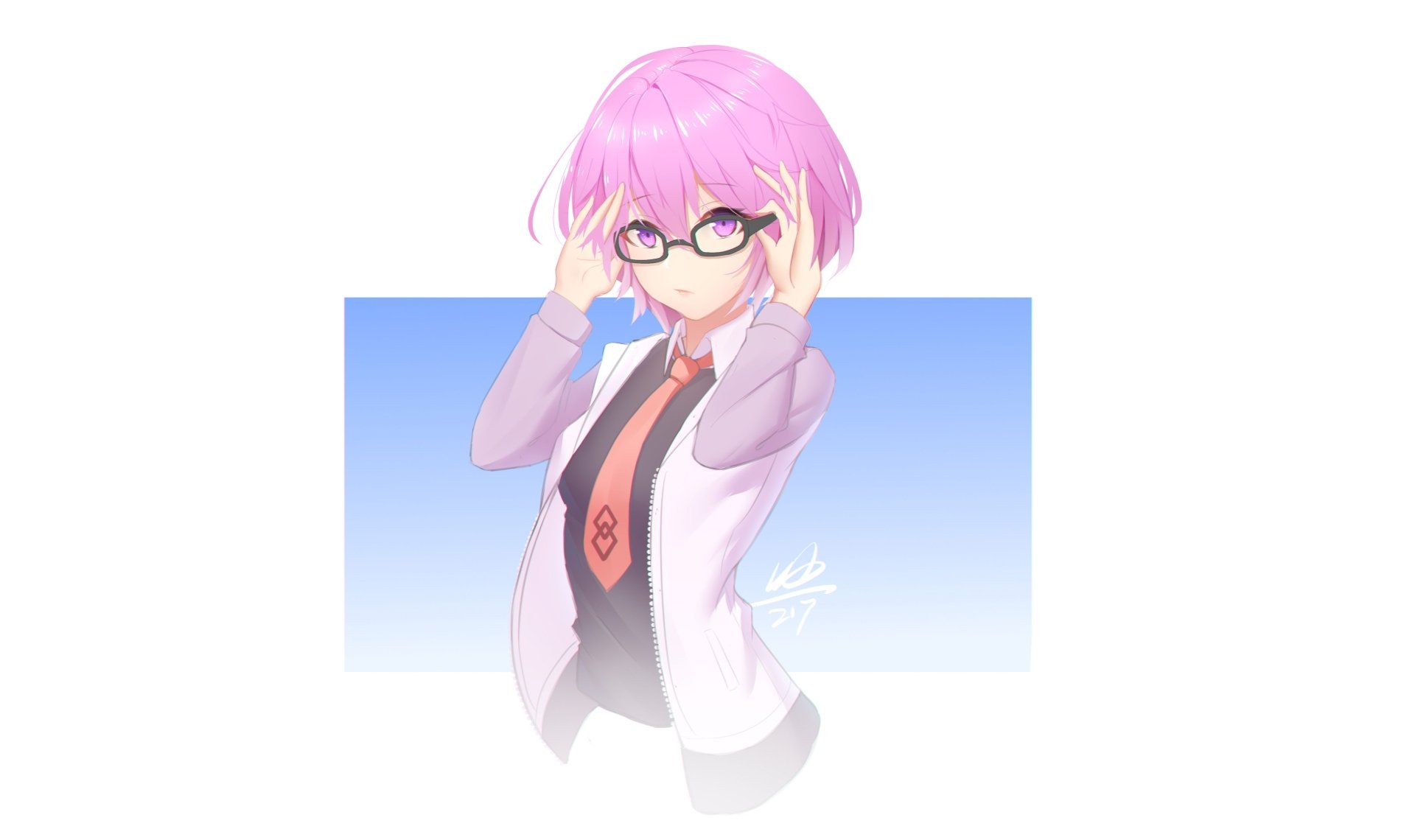 4K Ultra HD anime wallpaper featuring Mashu Kyrielight from Fate/Grand Order with pink hair and glasses against a soft blue gradient background.