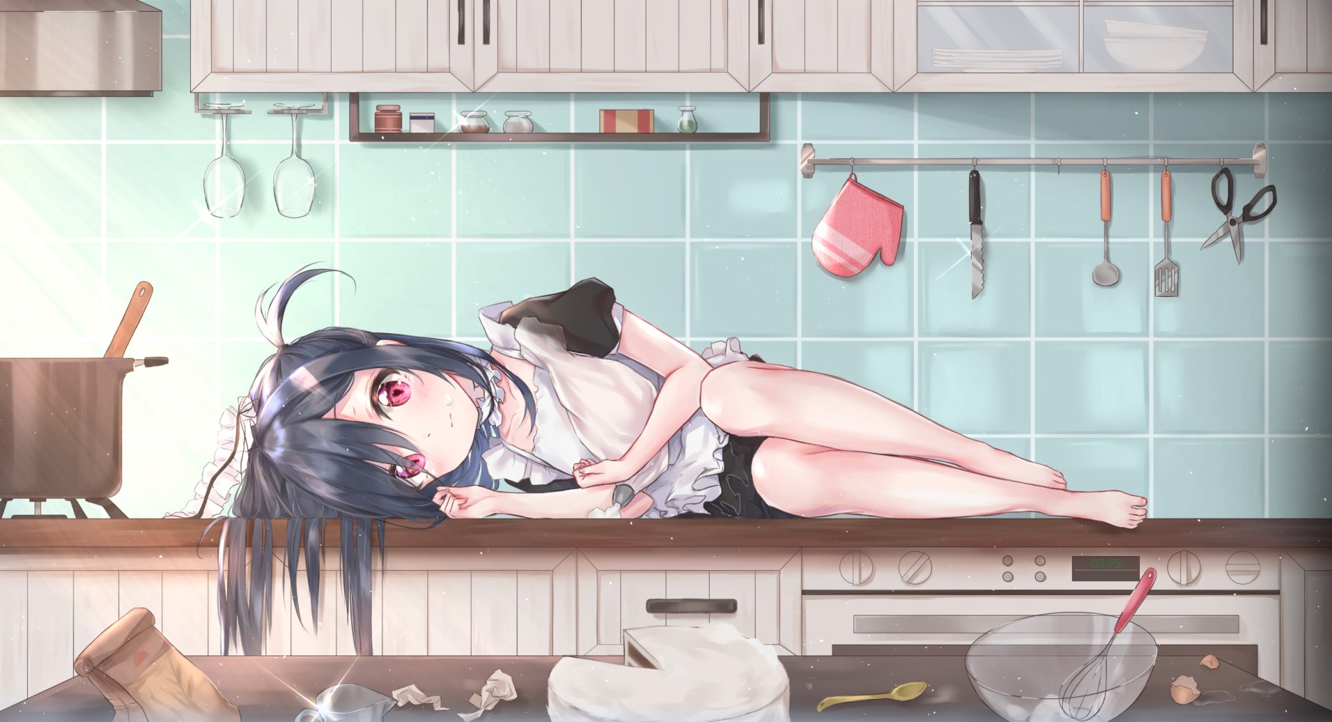 HD anime desktop wallpaper of an original artwork showing a girl with black hair and red eyes lying on a kitchen counter. Various kitchen utensils and appliances are scattered around.