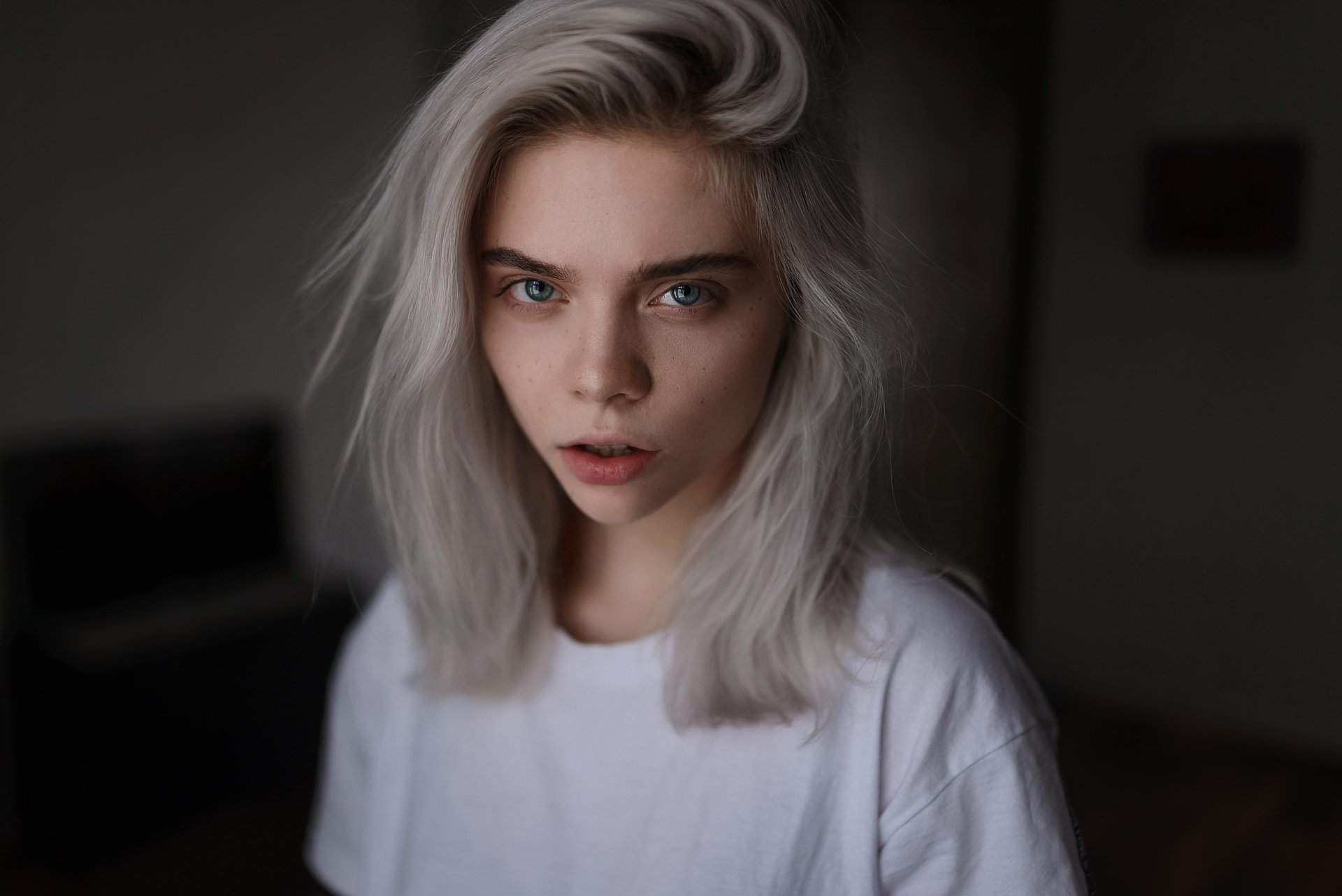 Download White Hair Blue Eyes Face Woman Model HD Wallpaper by Aleks Five