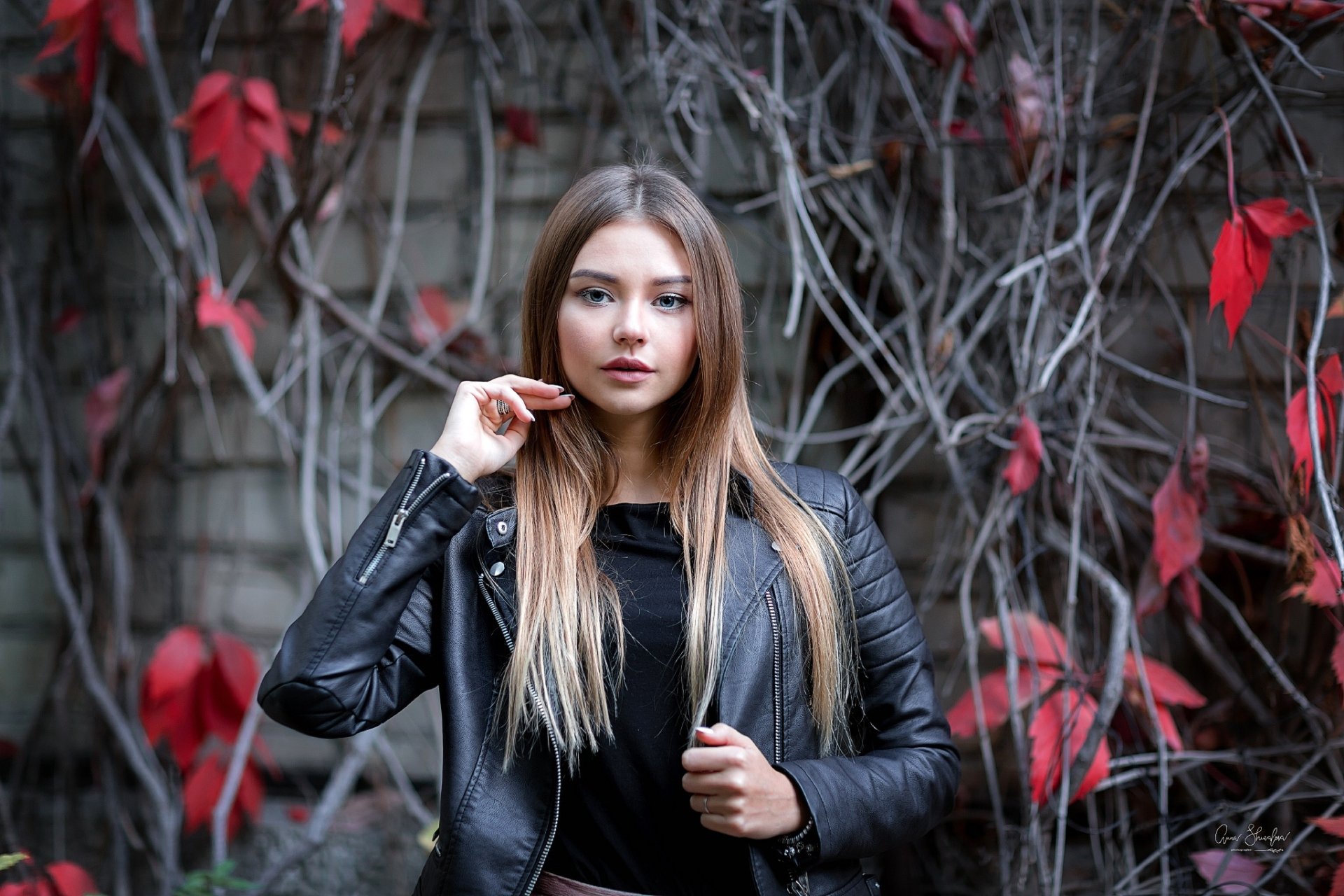 HD desktop wallpaper featuring a brunette woman with striking blue eyes wearing a black leather jacket, set against a backdrop of vines with red leaves.