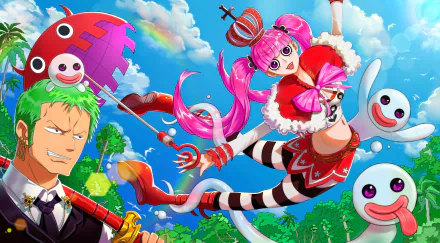 Vibrant 4K Ultra HD One Piece wallpaper featuring Roronoa Zoro and Perona in dynamic poses with a bright blue sky and playful ghost characters in the background.