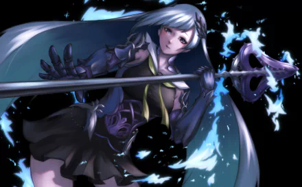 HD PC desktop wallpaper featuring Brynhildr from Fate/Grand Order in dynamic anime style, wielding a glowing spear with dark and blue energy effects.
