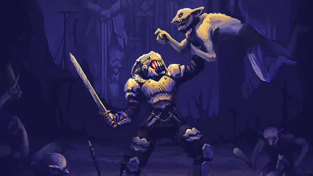 HD anime-style Goblin Slayer wallpaper showing a fierce armored warrior battling a menacing goblin in a dark, eerie forest setting.