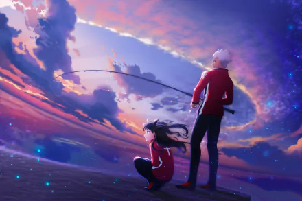 HD wallpaper featuring Archer and Rin Tohsaka from Fate/Stay Night, depicted in a dramatic sunset scene with floating sparkles and a dynamic sky.