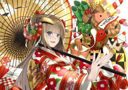 HD anime original artwork of a smiling girl in a vibrant traditional kimono holding a decorative umbrella, set against a detailed festive background, designed as a PC desktop wallpaper.