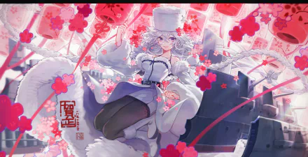 Avrora from Azur Lane in a detailed dress holding a lantern, surrounded by pink blossoms and ship elements, depicted in vibrant anime style 4K Ultra HD wallpaper.