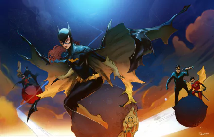 HD PC desktop wallpaper featuring DC Comics heroes Batgirl (Barbara Gordon), Nightwing (Dick Grayson), Robin (Damian Wayne), Tim Drake, and Batman in dynamic action poses.
